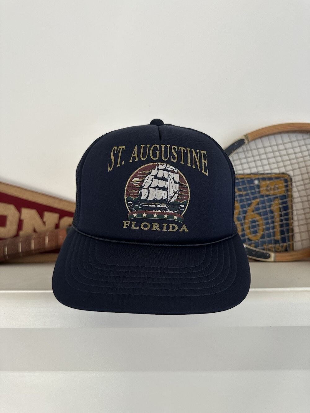 Vintage St Augustine Florida Youngan Navy Trucker Snapback Hat